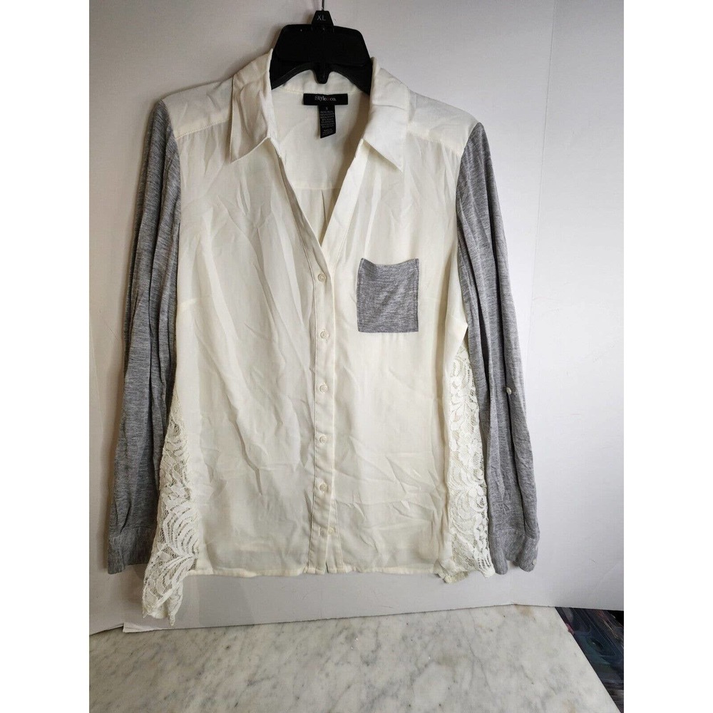 Style & Co. Gray White Lace Ruffle Front Long Sleeve Button UP Top Womens S